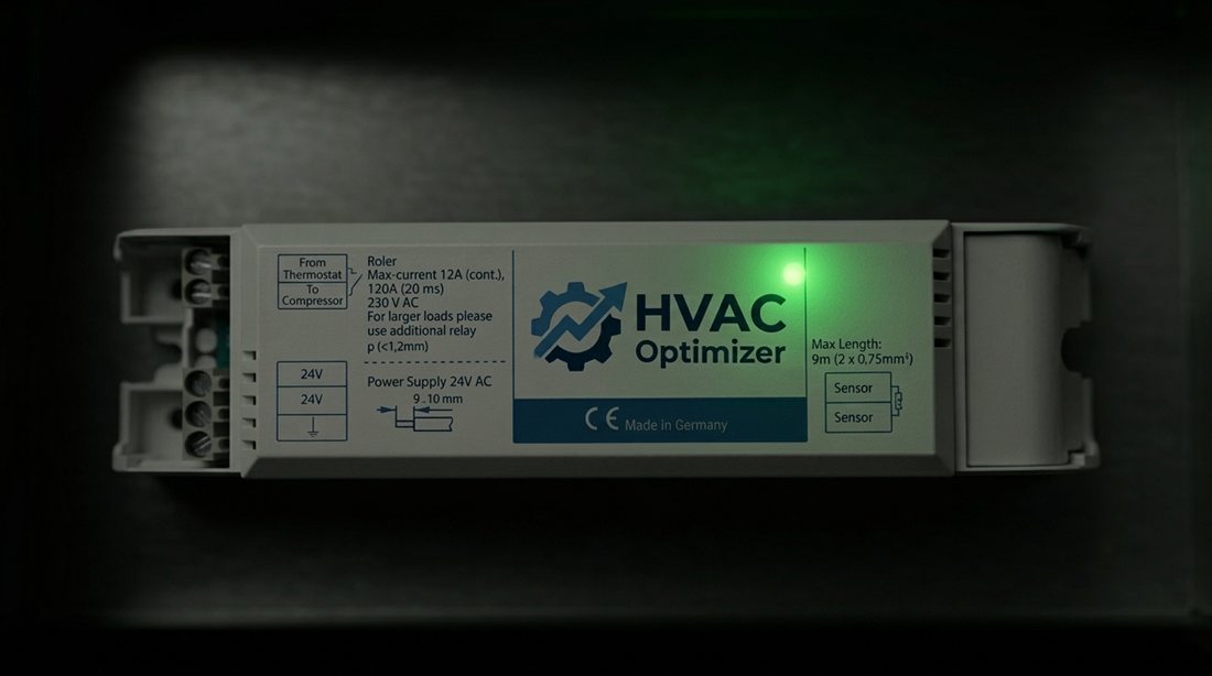 The HVAC optimizer control module, photographed on its mounting panel